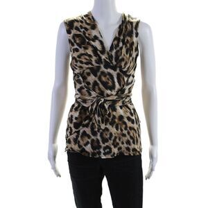 Onjenu Womens Leopard Print V Neck Tie Waist Sleeveless Blouse Brown Size 4
